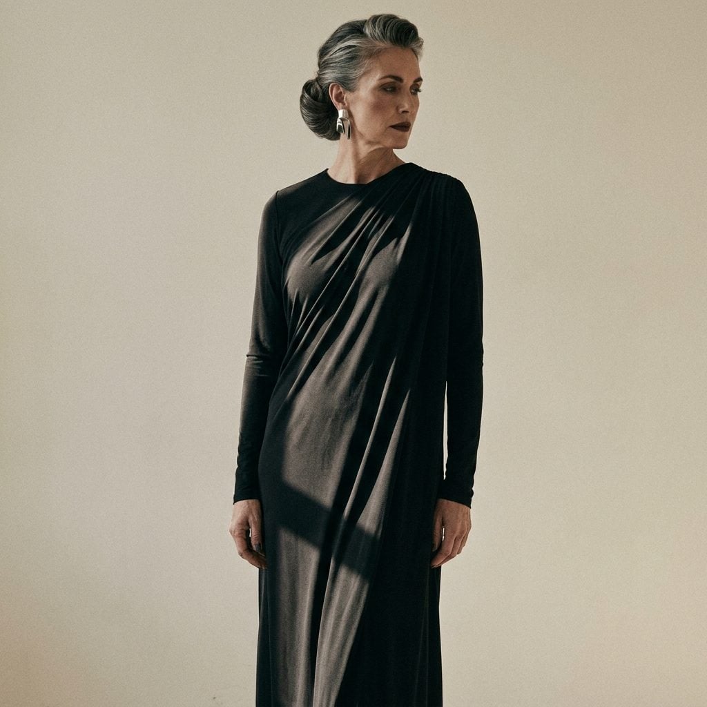 Black Jersey Draped Day Dress