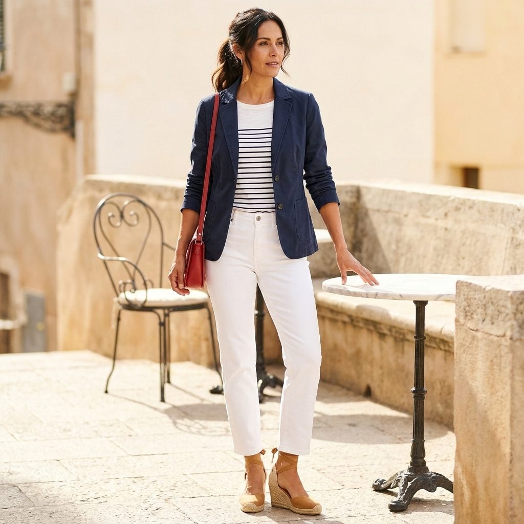 Straight-Leg White Denim With a Navy Blazer and Espadrilles