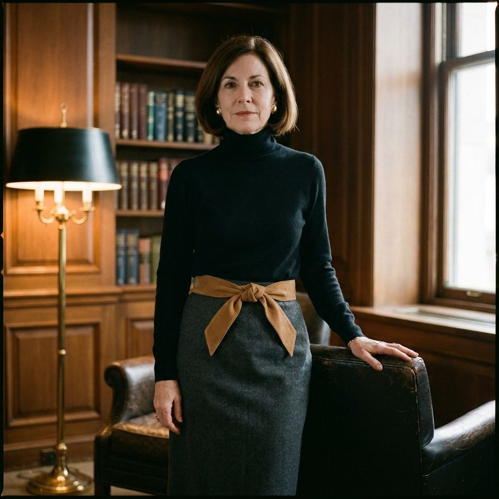 Grey Flannel Pencil Skirt, Black Cashmere Turtleneck, and a Camel Wrap Belt