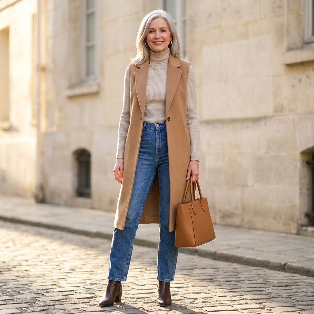 Tucked Into a Ribbed Turtleneck With a Long Vest Layered Over the Top