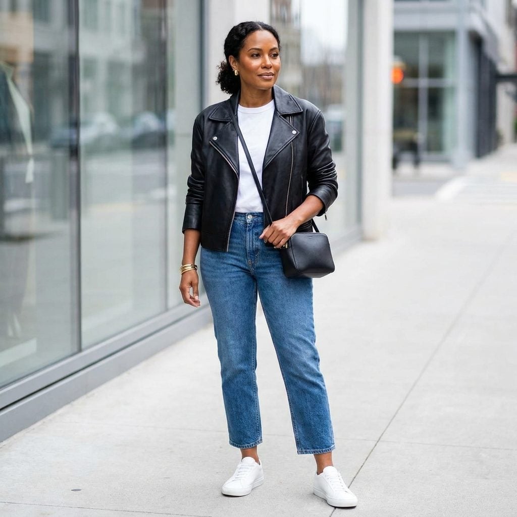Cropped at the Ankle With a Boxy Leather Jacket and White Sneakers
