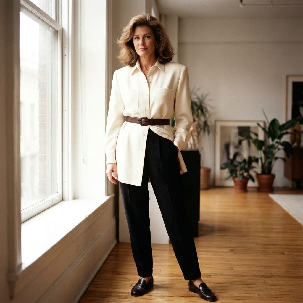 Long Ivory Shirt-Jacket Over Tapered Black Trousers