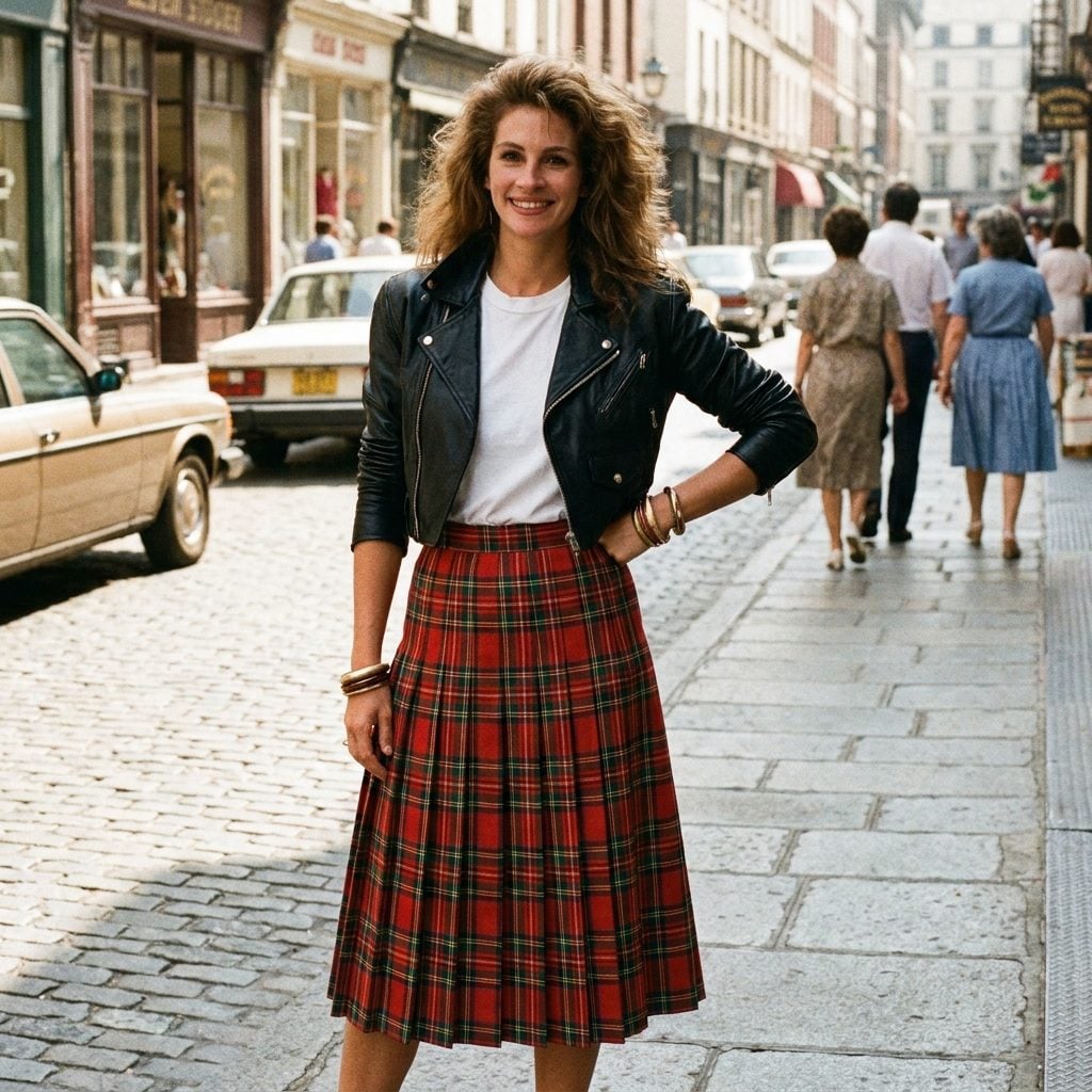 Plaid Midi and a Cropped Black Leather Jacket
