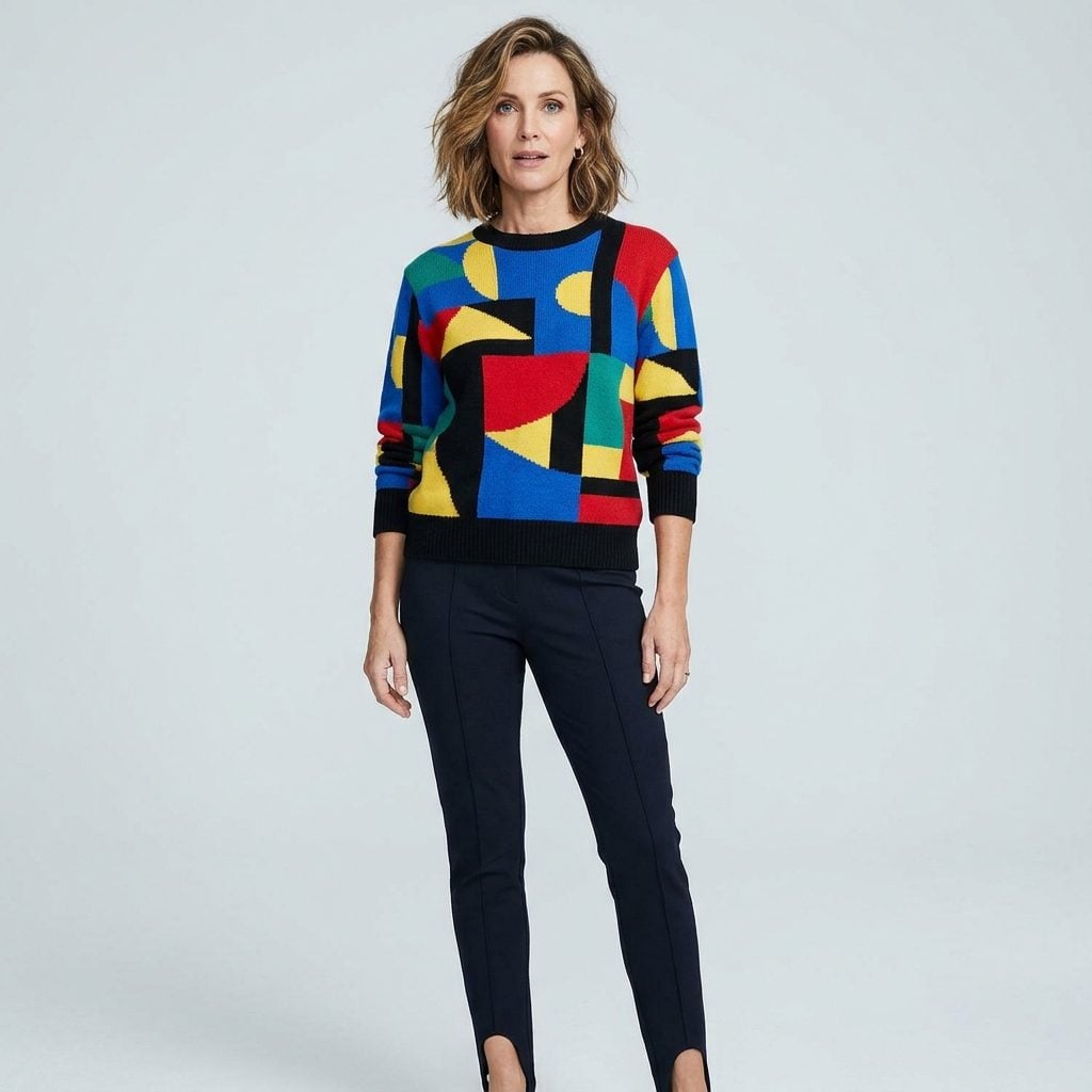 Graphic Intarsia Sweater Over Dark Stirrup Pants