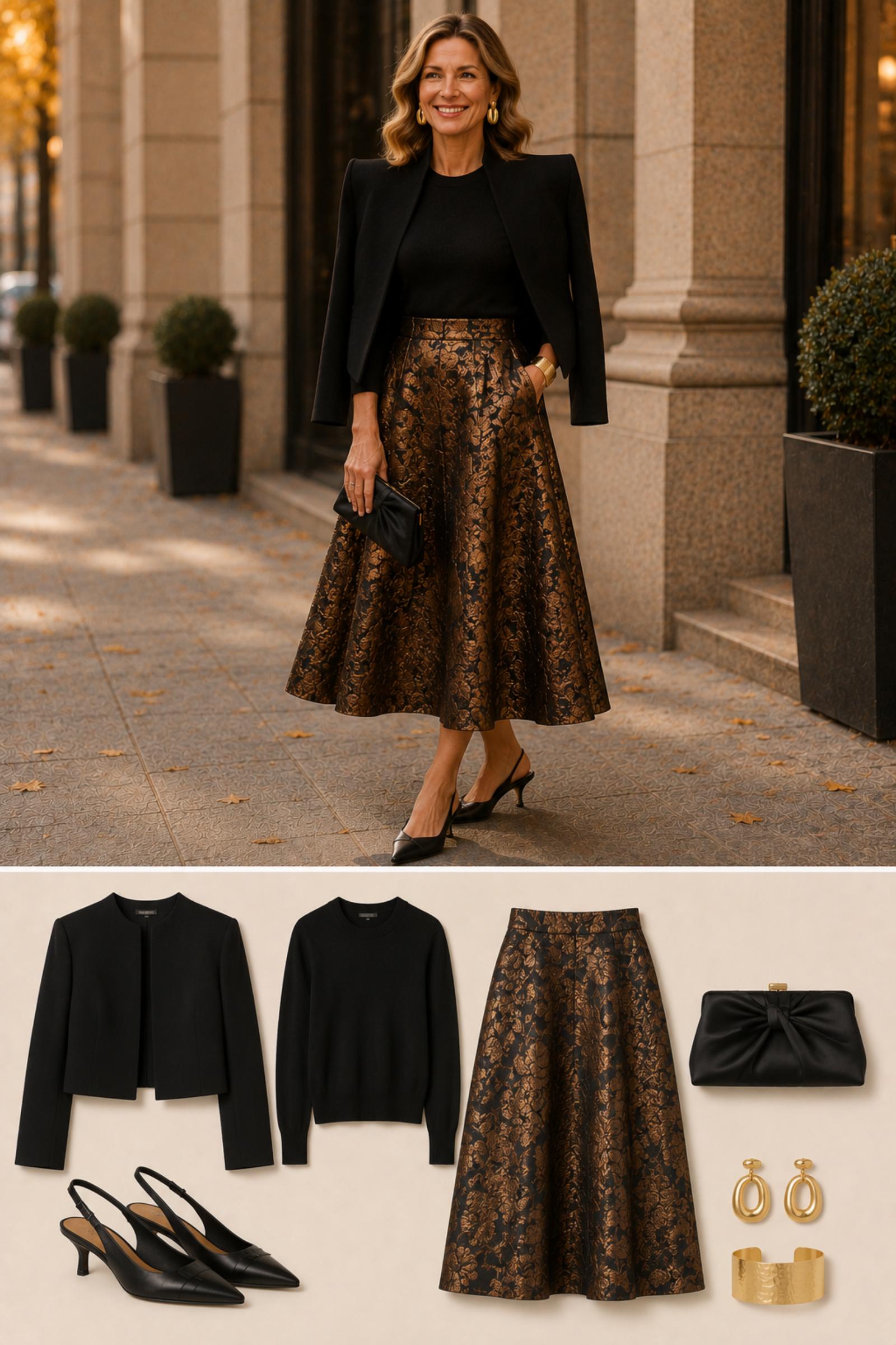 Brocade Statement Skirt — Fall 2026 outfit moodboard for women 45+