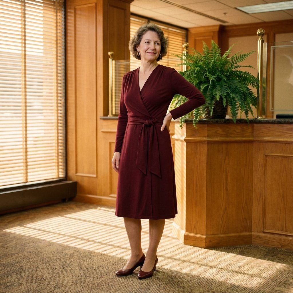 Oxblood Wrap Dress With a Wide Self-Belt and Low Heel