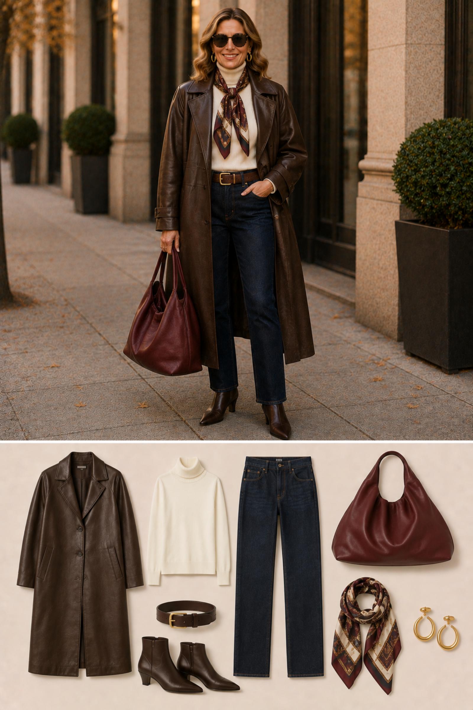 Espresso Leather Coat — Fall 2026 outfit moodboard for women 45+