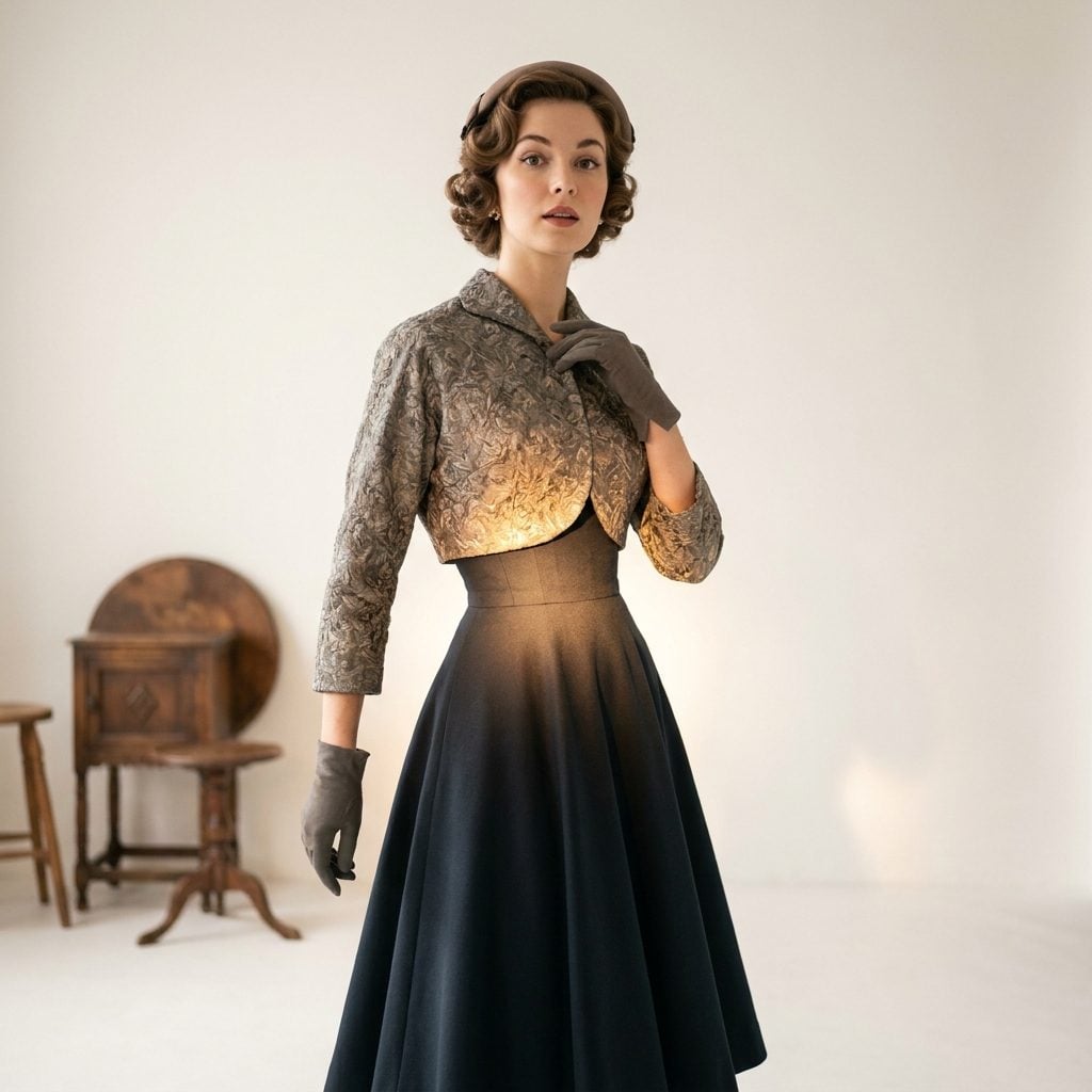 1952 Bolero Over a High-Waisted Full Skirt: A Study in Concentrated Attention