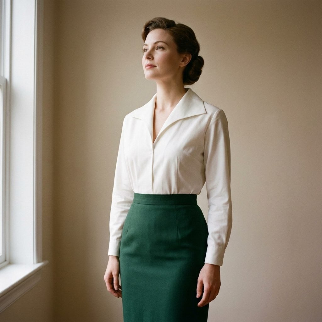 1954 Broad-Collar Blouse Tucked Into a Deep-Green Pencil Skirt
