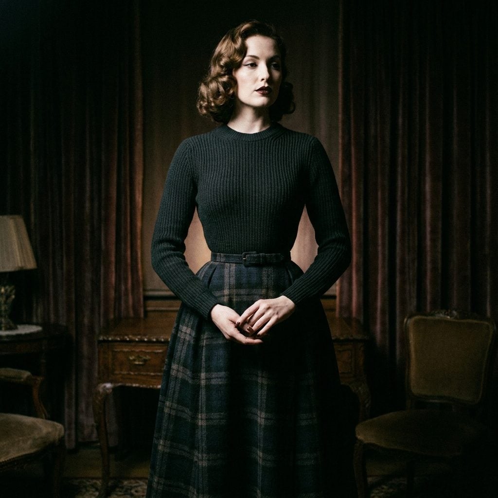 1956 Dark Fitted Knit Tucked Into a Controlled Plaid Skirt