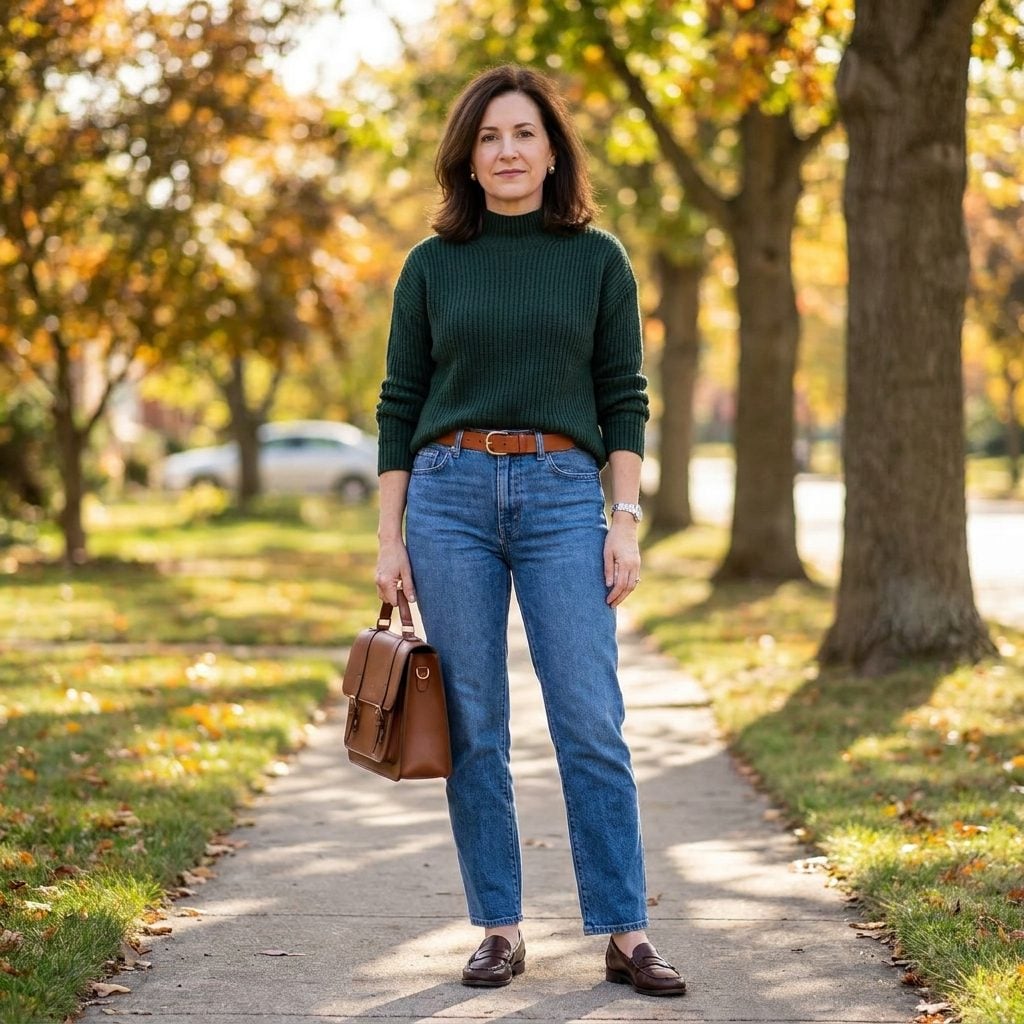 1991 High-Waisted Straight Jeans, Ribbed Mock-Neck, and Penny Loafers