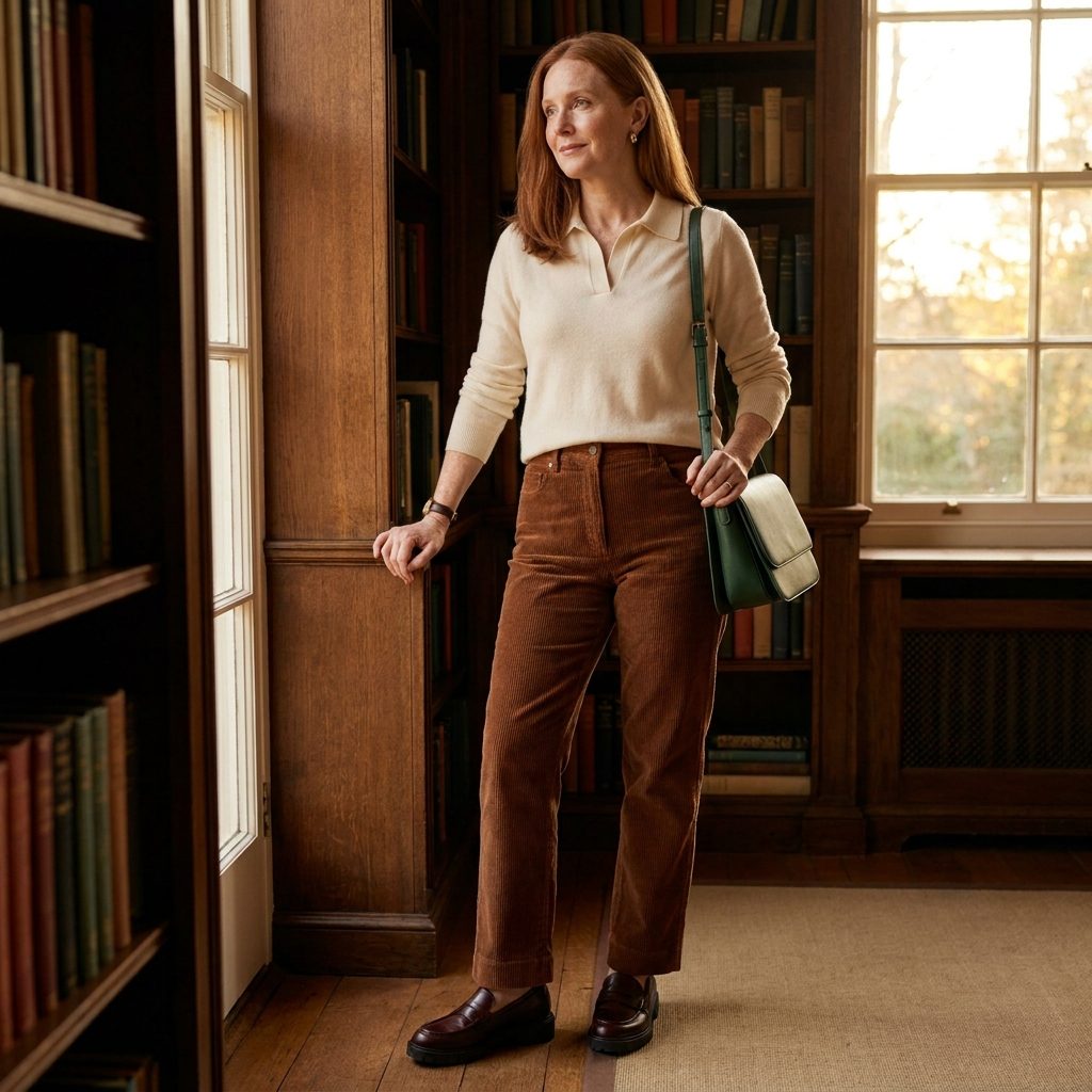 1992 Corduroy Trousers + Fine-Knit Polo Sweater + Chunky Loafers