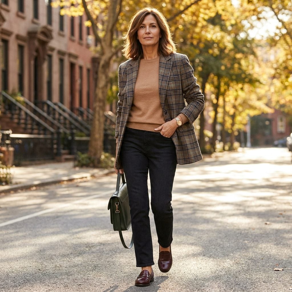 1993 Dark Denim + Plaid Blazer + Fine Knit + Loafers