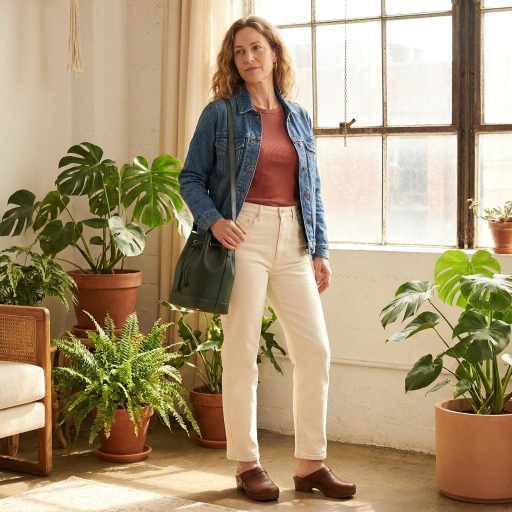 1993 Ecru Jeans + Denim Jacket + Ribbed Tee + Brown Leather Shoes
