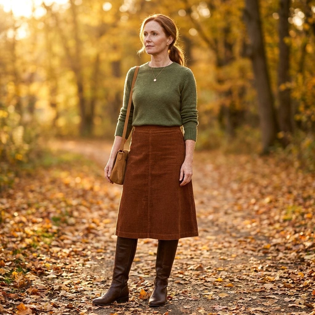 1993 Long Corduroy A-Line Skirt + Crew-Neck Sweater + Tall Boots
