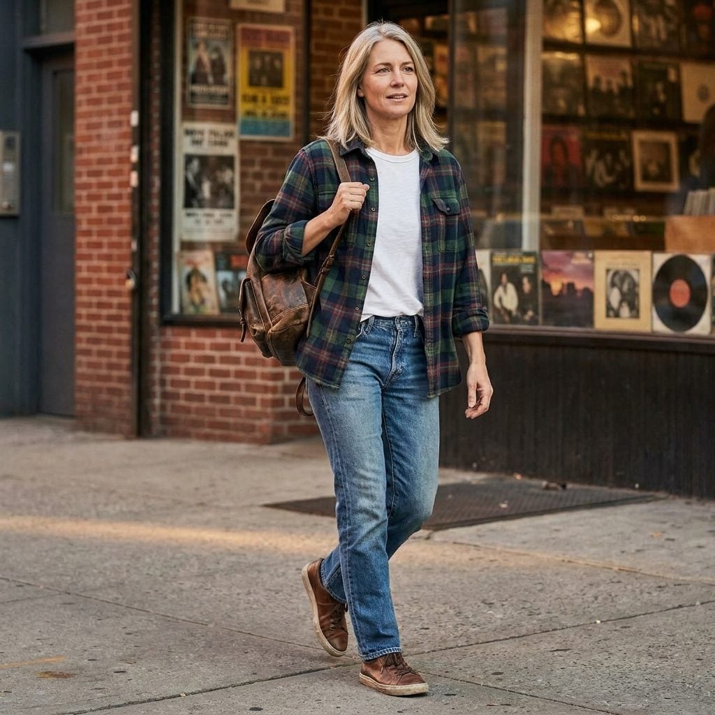 1993 Plaid Flannel Overshirt, Fitted White Tee, and Straight Jeans