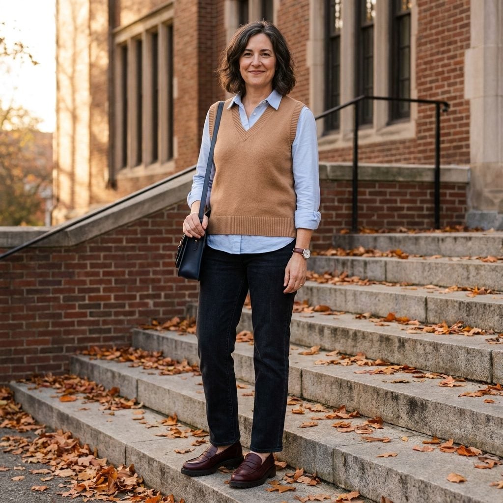 1993 Sweater Vest + Crisp Oxford + Straight Jeans: Yes, the Sweater Vest Came Back Too