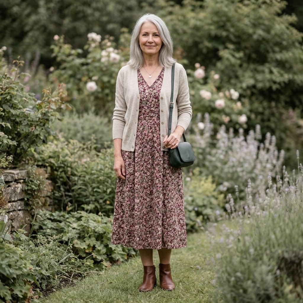 1994 Long Floral Dress, Cropped Cardigan, and Ankle Boots