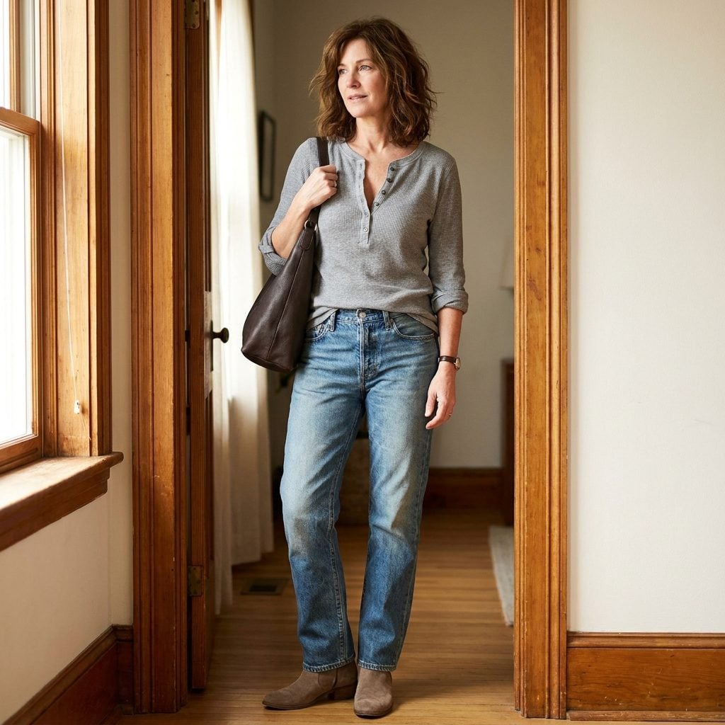 1994 Relaxed Straight Jeans + Henley + Suede Ankle Boots