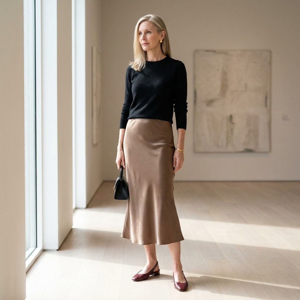 1995 Bias-Cut Midi Skirt + Compact Crew-Neck Sweater + Slingbacks
