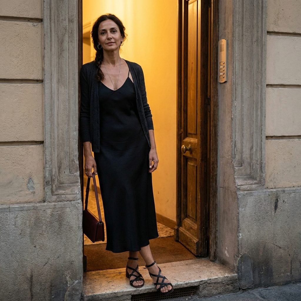 1995 Black Slip Dress, Fine Cardigan, and Minimal Sandals