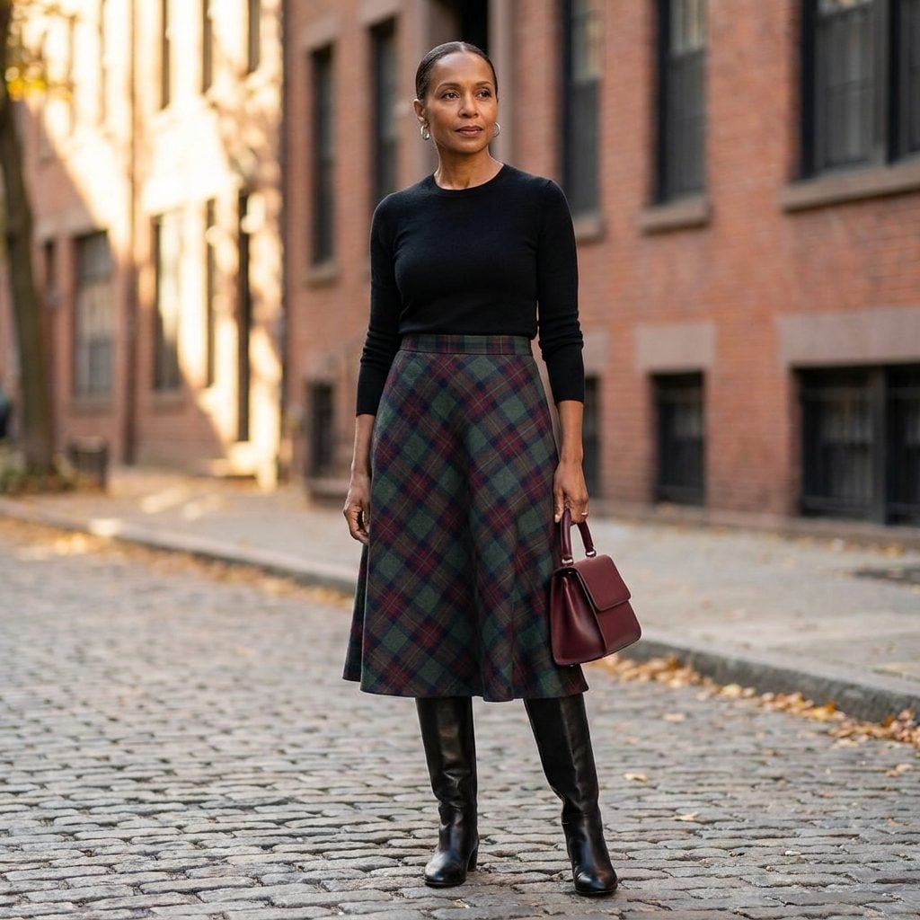 1995 Plaid Midi Skirt + Fitted Black Knit + Knee-High Boots