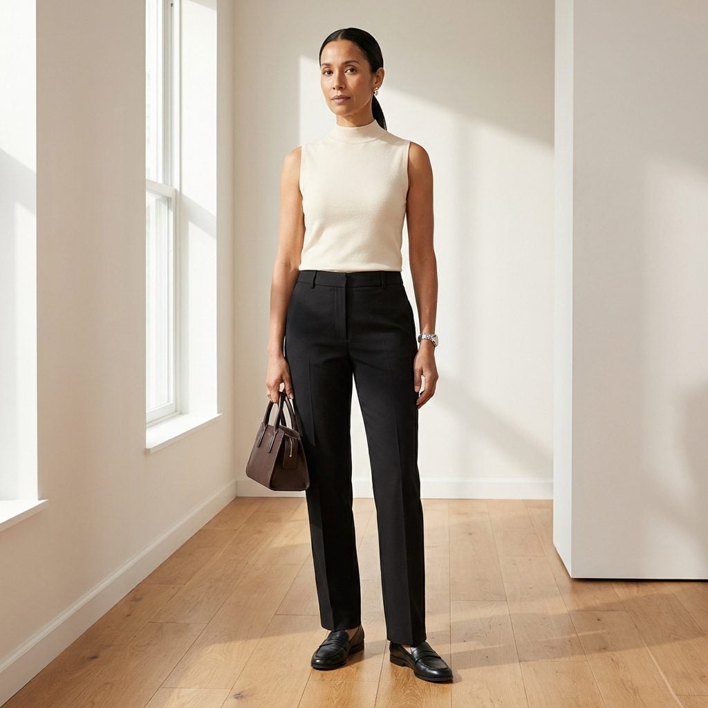 1996 Black Straight Trousers and a Sleeveless Mock-Neck Knit