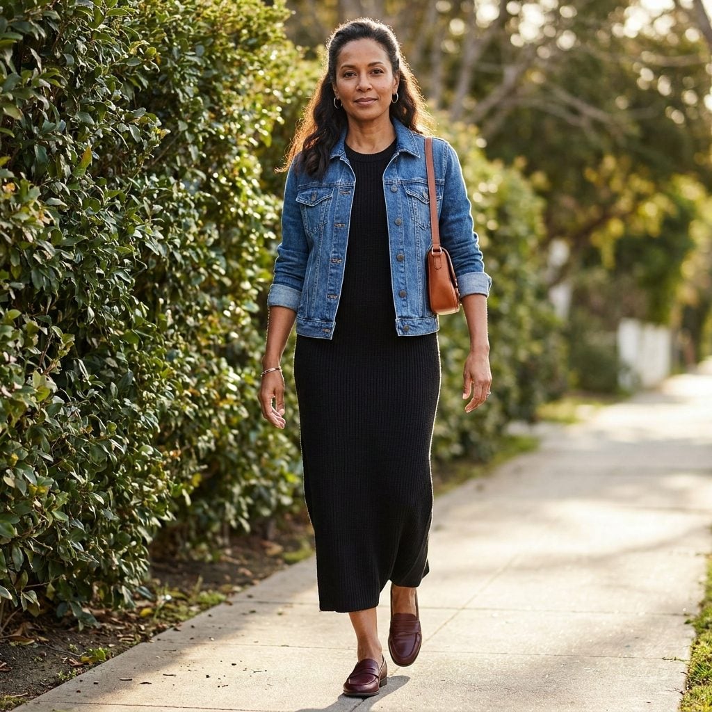 1996 Long Black Dress + Cropped Denim Jacket + Leather Shoes