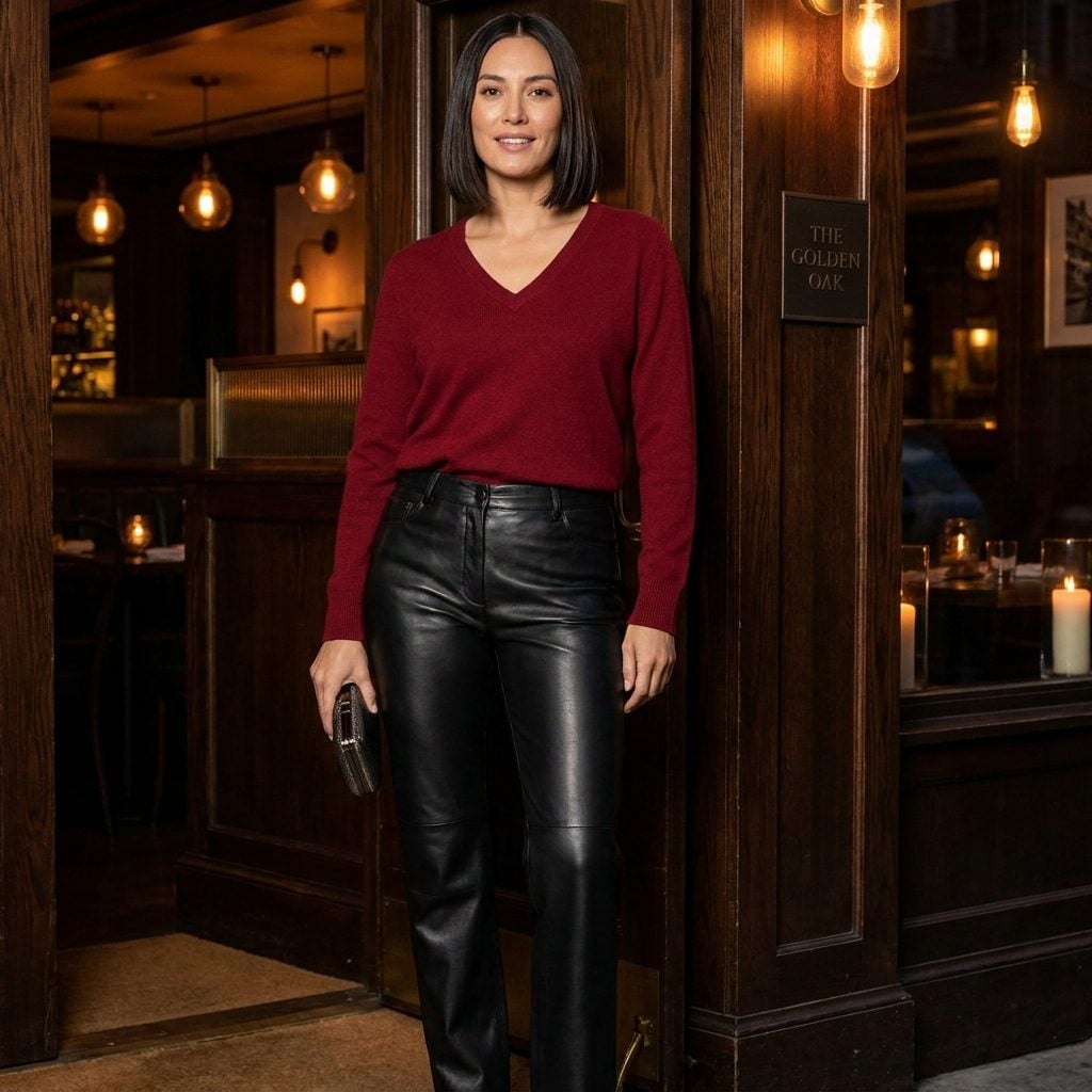 1997 Leather Straight-Leg Pants + Fine-Gauge Knit + Pumps