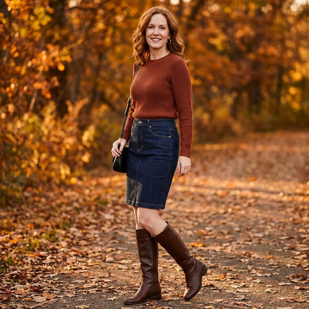 1997 Long Denim Skirt, Ribbed Knit, and Tall Boots