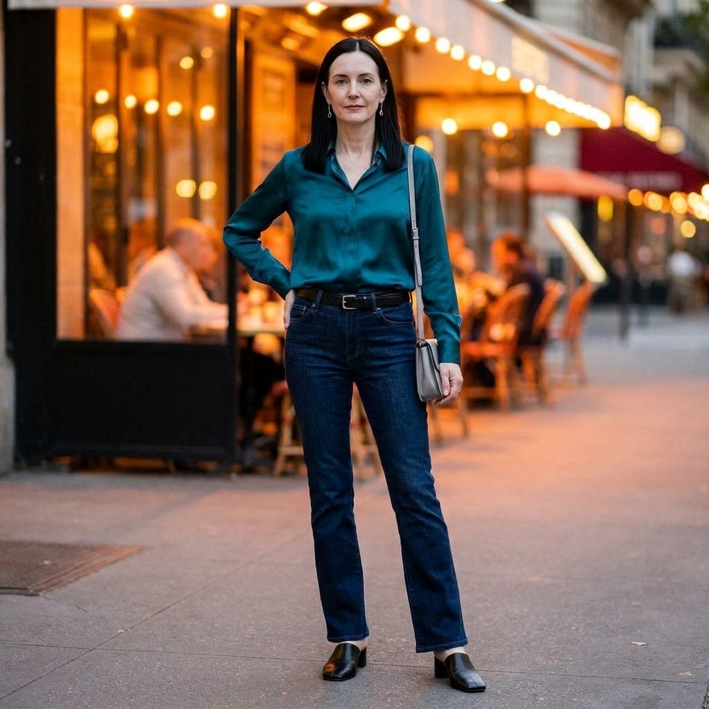 1999 Dark Bootcut Jeans + Satin Blouse + Square-Toe Mules