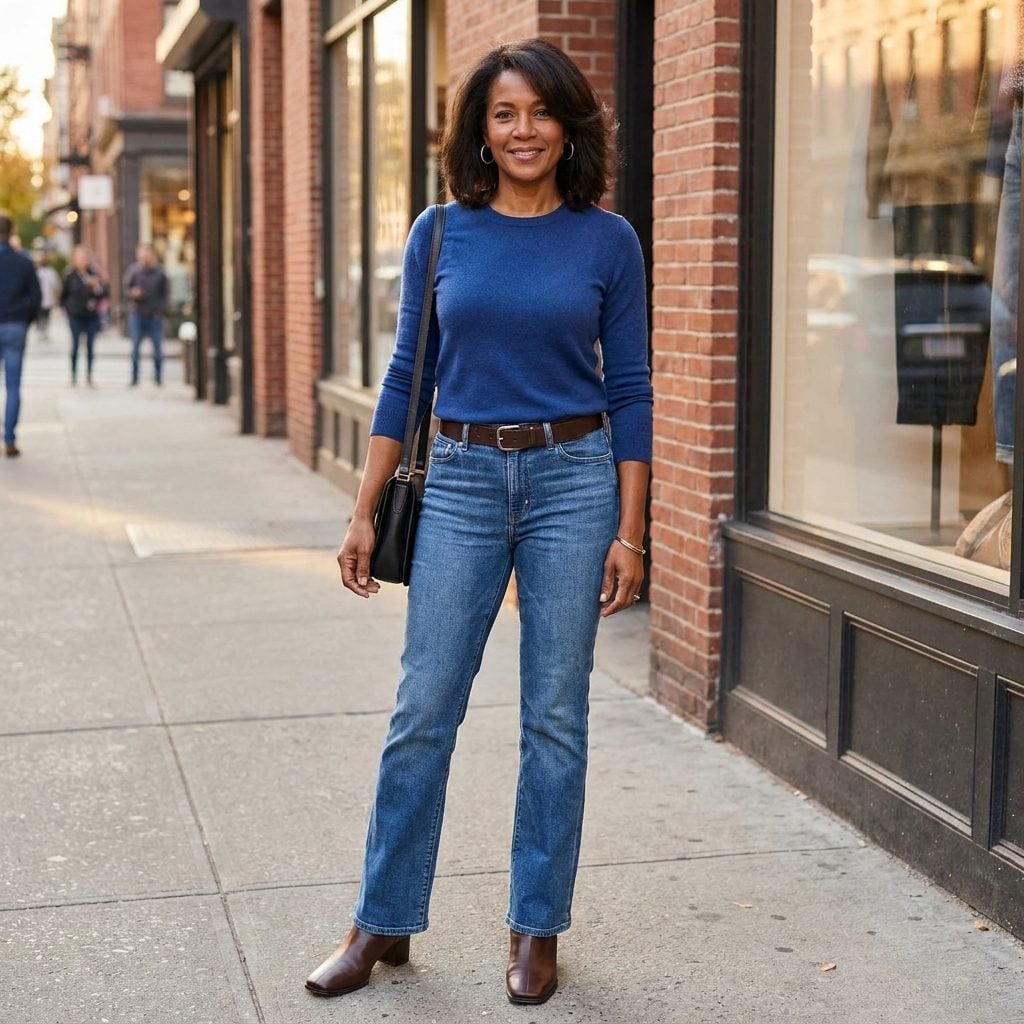 1999 Medium-Wash Bootcut Jeans, Sapphire Knit, and Chocolate Square-Toe Boots