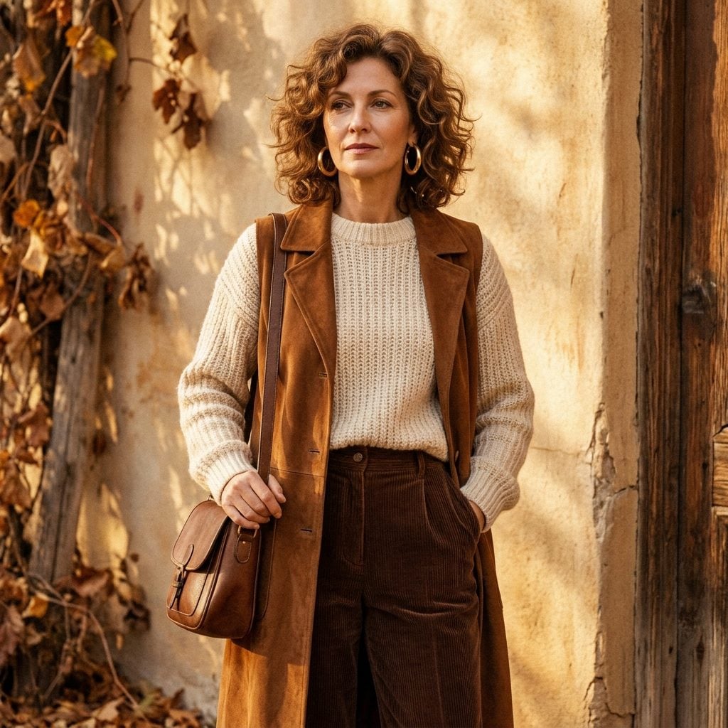 Chocolate Trousers, Cream Knit, Tobacco Suede Long Vest