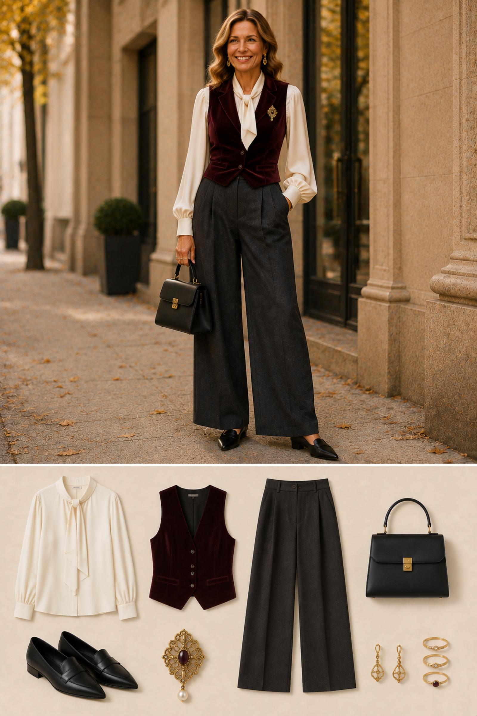 Poet Romantic Waistcoat — Fall 2026 outfit moodboard for women 45+