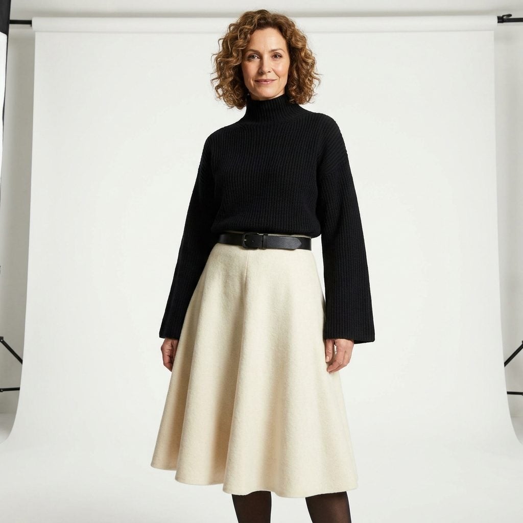 Winter-White Flared Skirt With a Black Fitted Knit