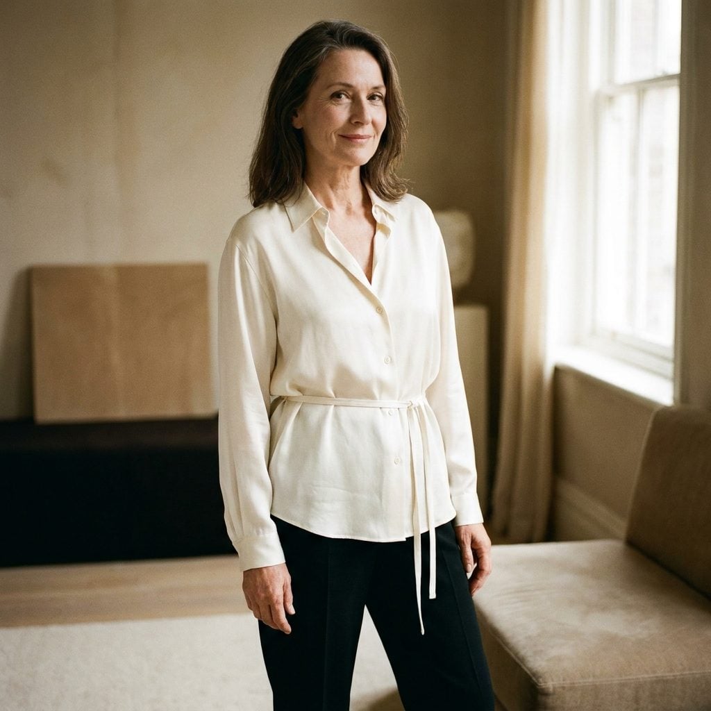 Black Tapered Trousers and Ivory Silk Blouse With a Softly Defined Waist