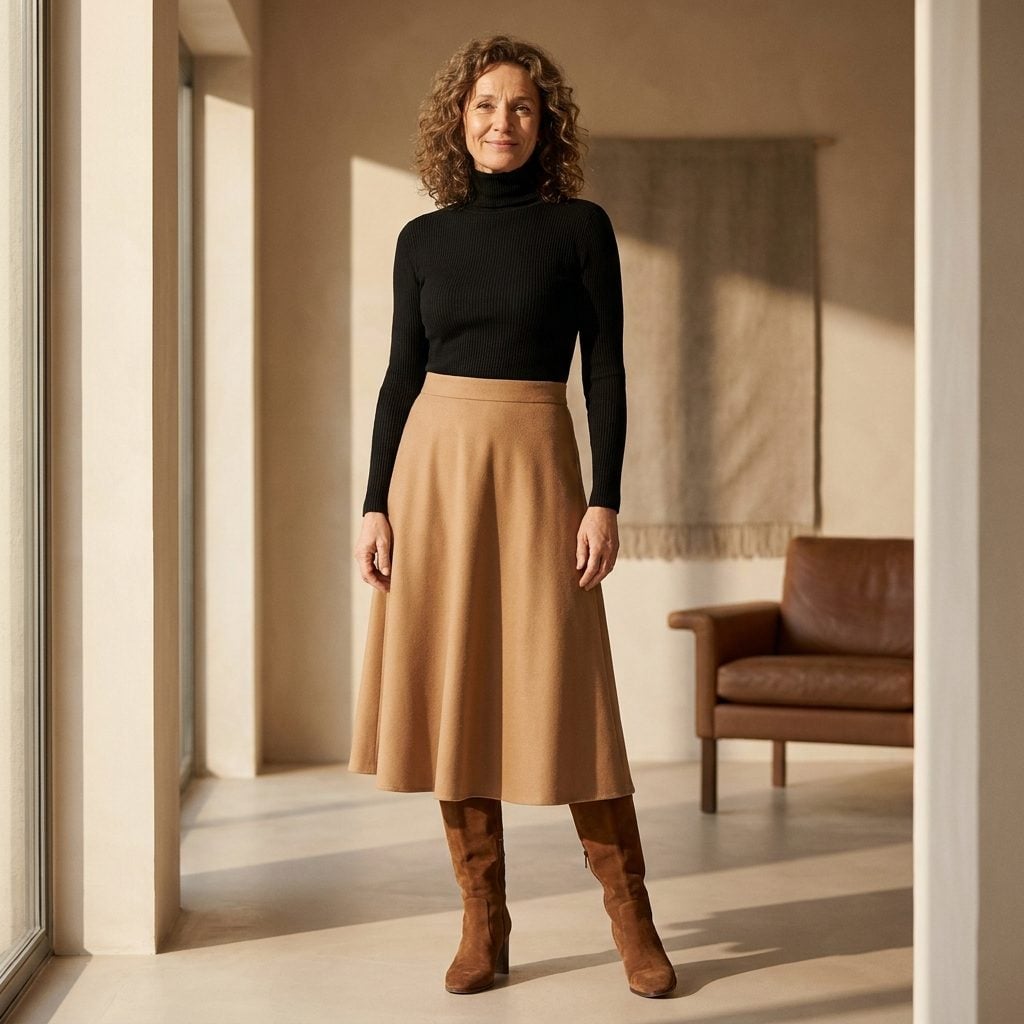 Camel A-Line Skirt, Black Ribbed Turtleneck, and Brown Suede Boots