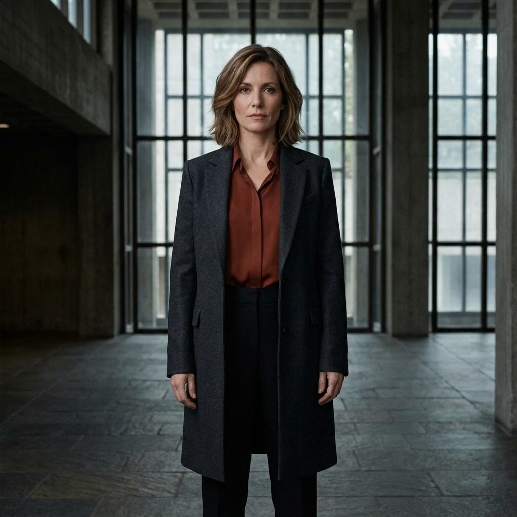 Rust Silk Blouse, Black Trousers, and a Long Charcoal Blazer