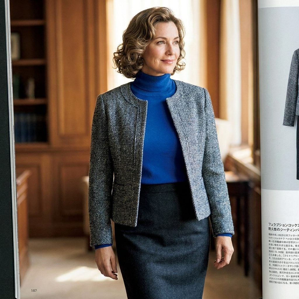 Cobalt Turtleneck, Charcoal Slim Skirt, and a Ladylike Short Jacket