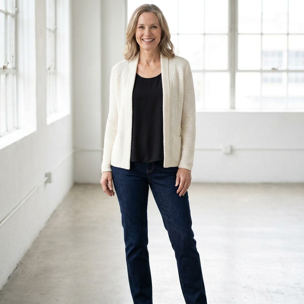 Deep-Indigo Straight Jeans, Black Shell, and Ivory Cardigan Jacket