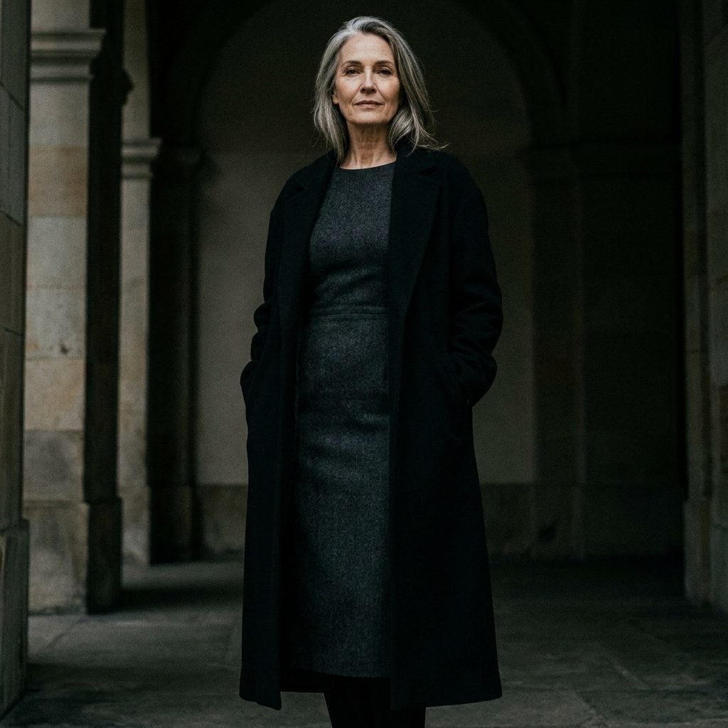 Charcoal Wool Sheath Under a Long Black Coat
