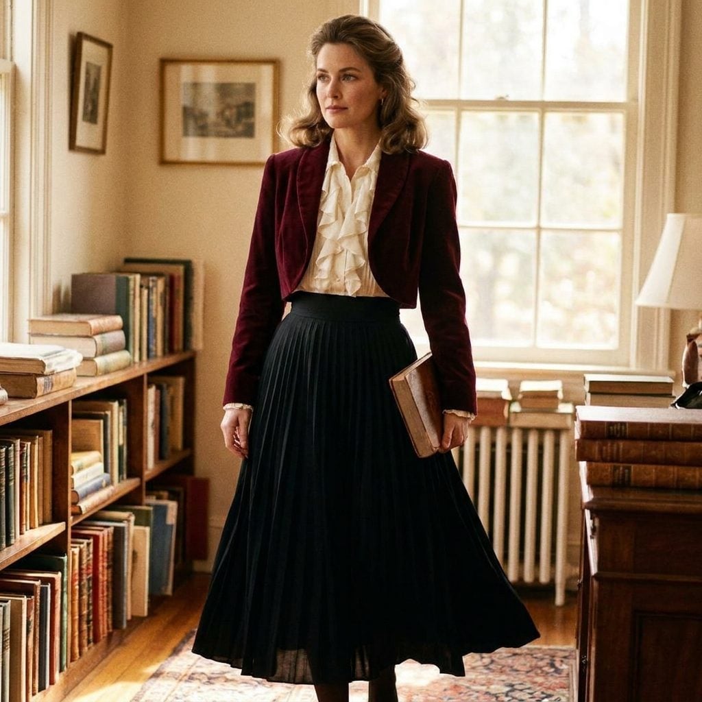 Long Black Pleated Skirt, Ivory Blouse, and a Burgundy Bolero