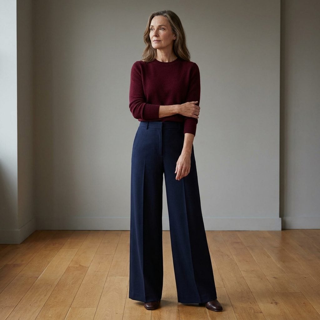 Full-Cut Navy Trousers With a Compact Burgundy Sweater