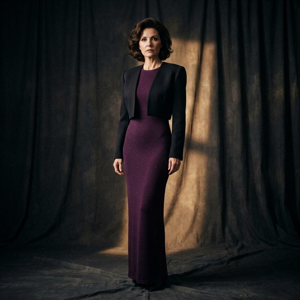 Aubergine Tonal Column With a Short Black Jacket