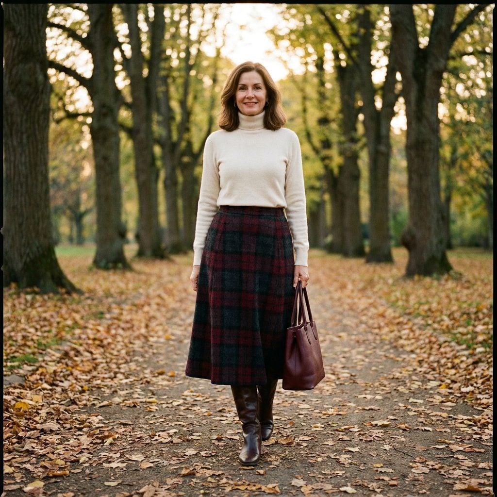 Burgundy-Charcoal Plaid Wool Skirt, Turtleneck, and Tall Boots