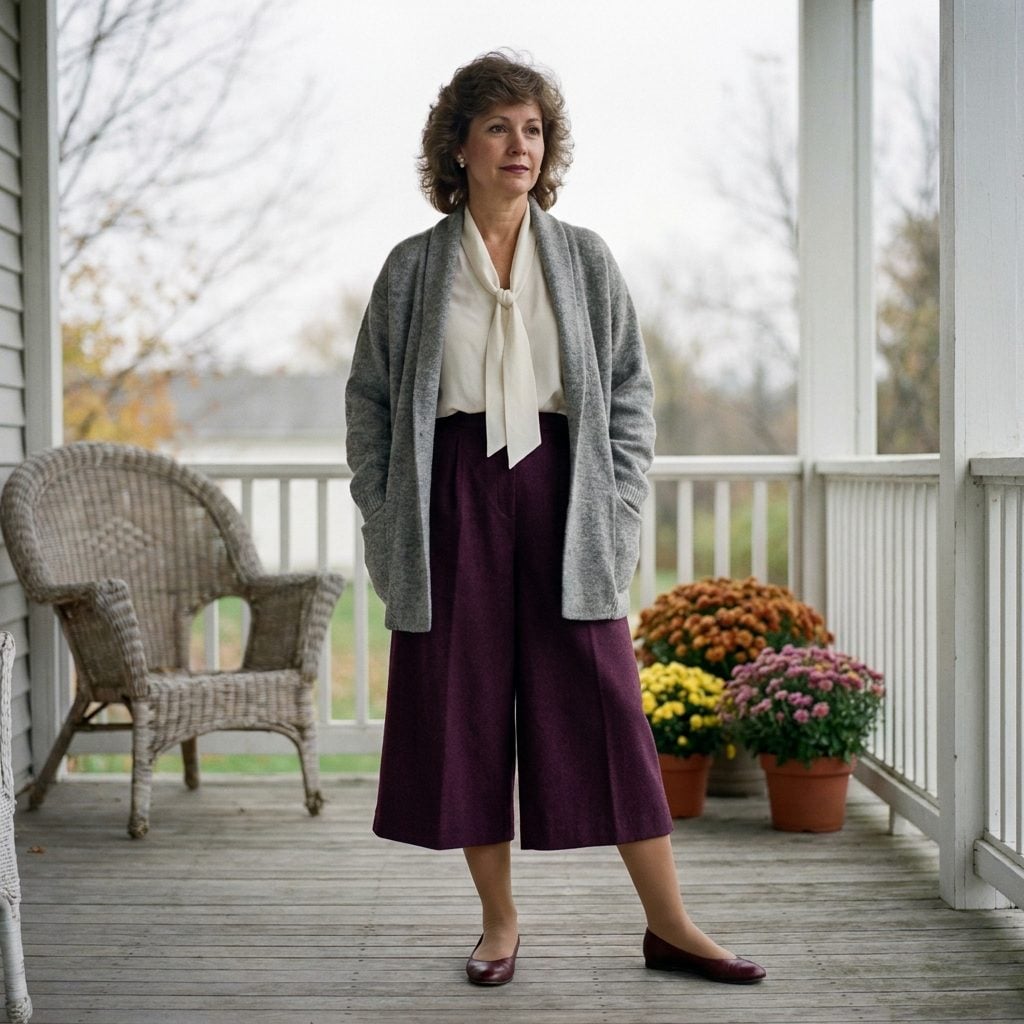 Plum Wool Culottes, Ivory Silk Blouse, and a Long Grey Cardigan Coat