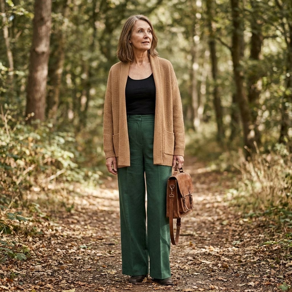 Forest-Green Trousers, Black Shell, and Camel Open Cardigan