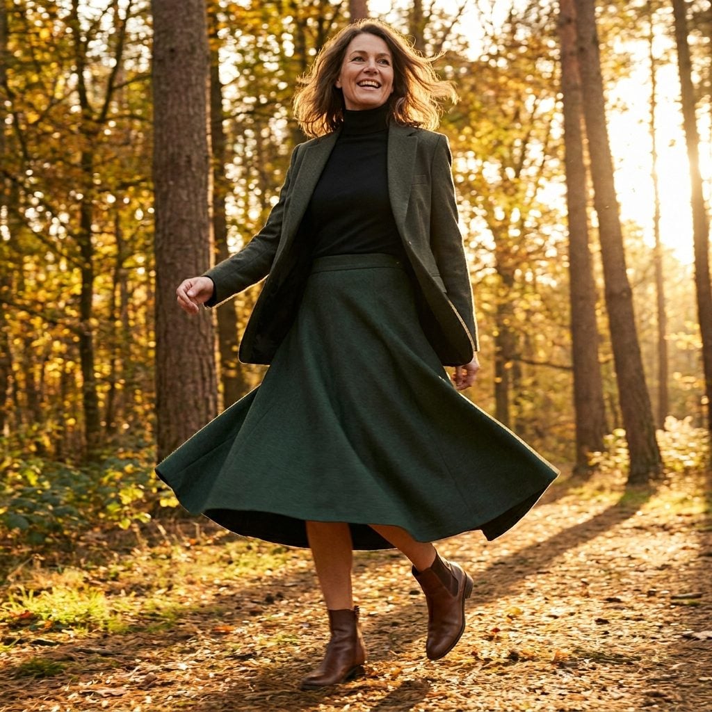Forest-Green Flared Wool Midi + Black Turtleneck