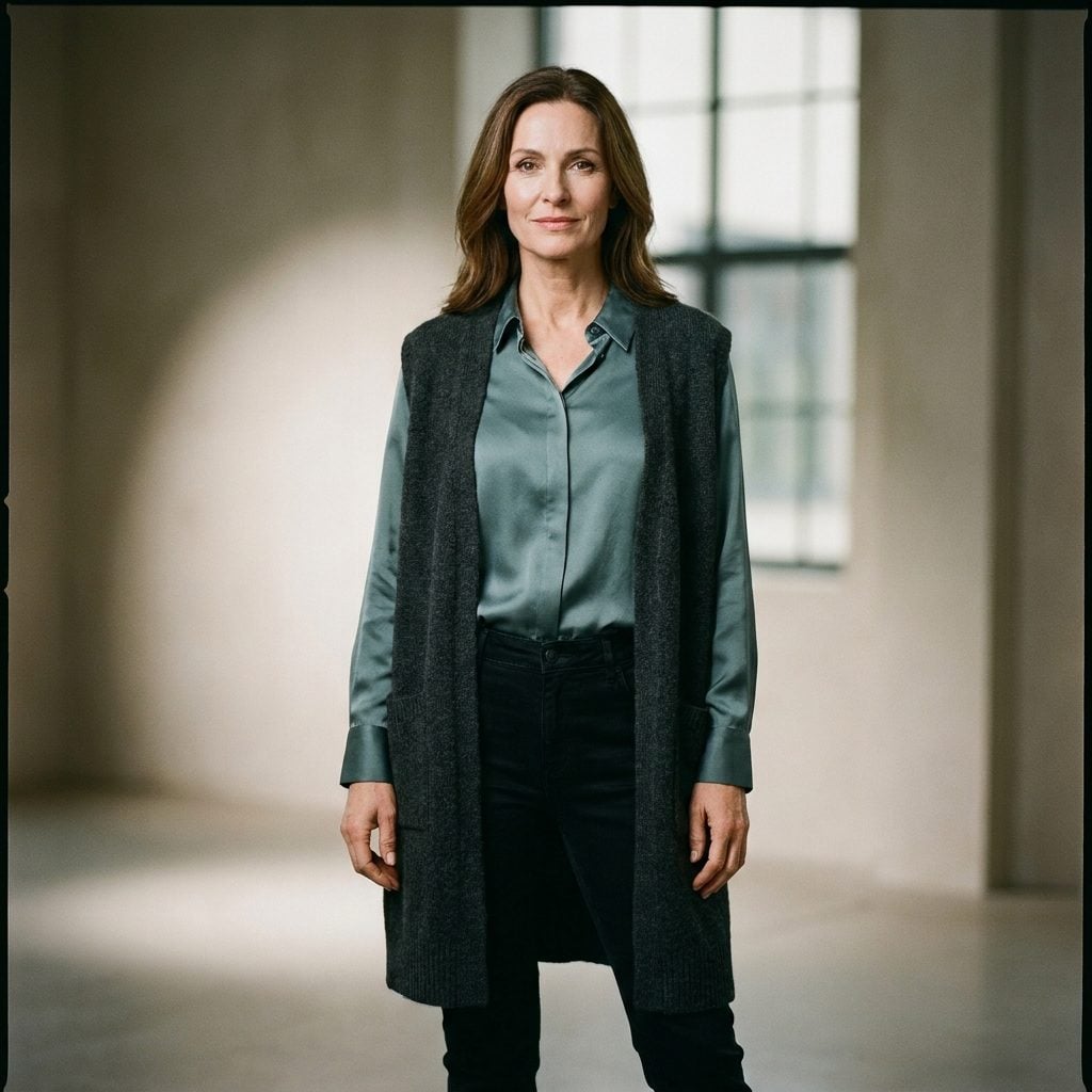 Black Trouser Jeans, Muted Teal Satin Blouse, and Charcoal Longline Vest