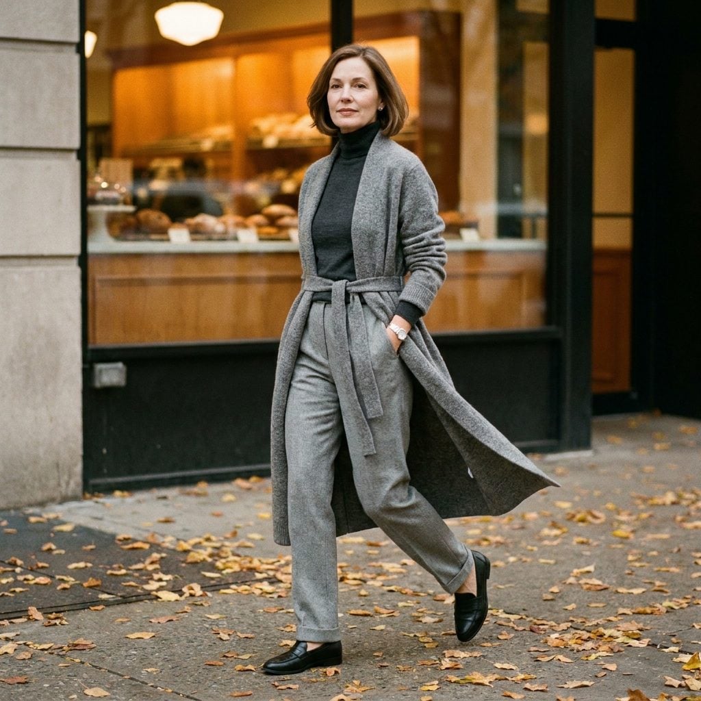 Dove-Grey Flannel Trousers, Charcoal Turtleneck, and a Long Belted Cardigan Coat